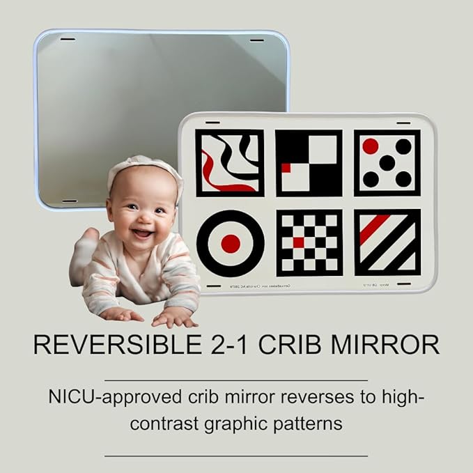 Baby Mirror - Large Crib Mirror - Double-Sided with High Contrast Images - Baby Safe Mirror - NICU Approved - Shatterproof with Hospital Grade Rubber by Genius Baby Toys