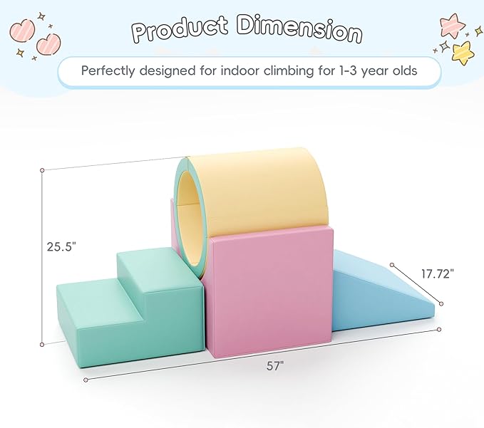 Tunnel/Ramps Foam Climber, Climb & Crawl Foam Activity Play Set for Toddlers and Kids, Safe Indoor Crawling Gym Equipment for,Infant,Baby Waterproof Easy to Clean (Pink)