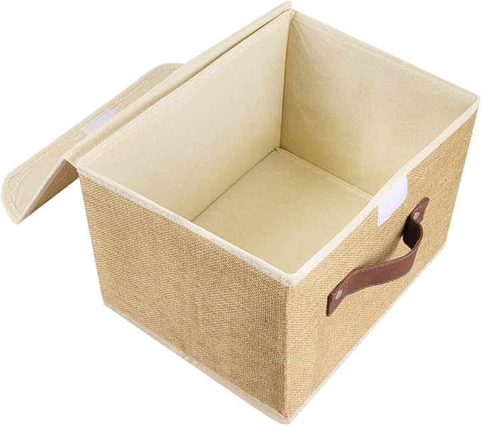 Lucky Monet Storage Bins Boxes with Lids 2 Pack Decorative Storage Boxes Collapsible Fabric Storage Basket Containers Lidded Storage Cube for Organizing Closet Home Office, 15"x 10"x 10" (Khaki)