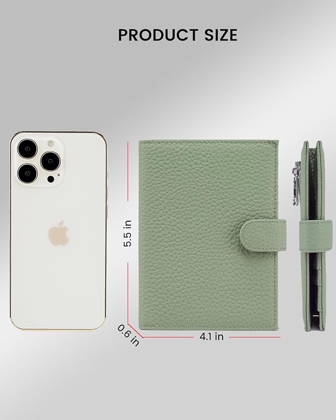 RFID Slim Passport Holder for Women, Compact Leather Passport Wallet with Card Holders SIM Slots,Zippered Coins Pocket and Cash Compartment Travel Passport Cover Case, Light Green
