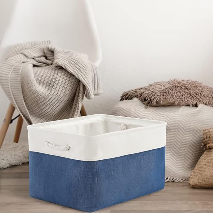 Organization and Storage Bins for Shelves - 2 Pack 17X15X12 inch Canvas Storage Cubes Collapsible Baskets for Organizing with Handles, Storage Box for Cloth Decorative (White & Blue)