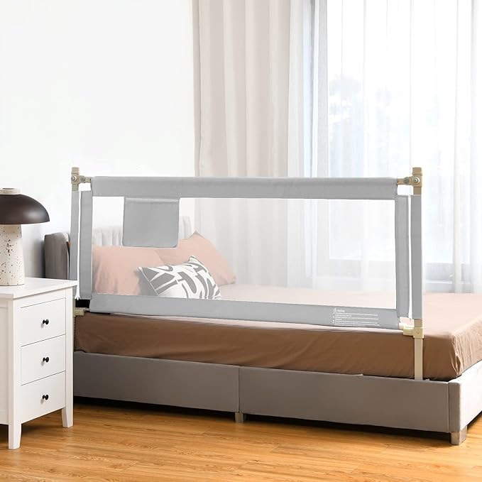 BABY JOY Bed Rail for Toddlers, 69’’ Extra Long, Height Adjustable & Foldable Baby Bed Rail Guard w/Storage Pocket & Double Safety Child Lock for Kids Twin Double Full Size Queen King Mattress (Gray)