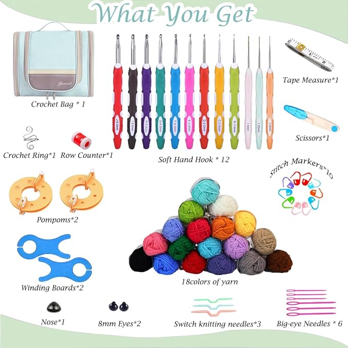 Yarniss Crochet Kits with Case, Beginner Crochet Set Includes 1050 Yards Crochet Yarn & 12 Size Ergonomic Crochet Hooks