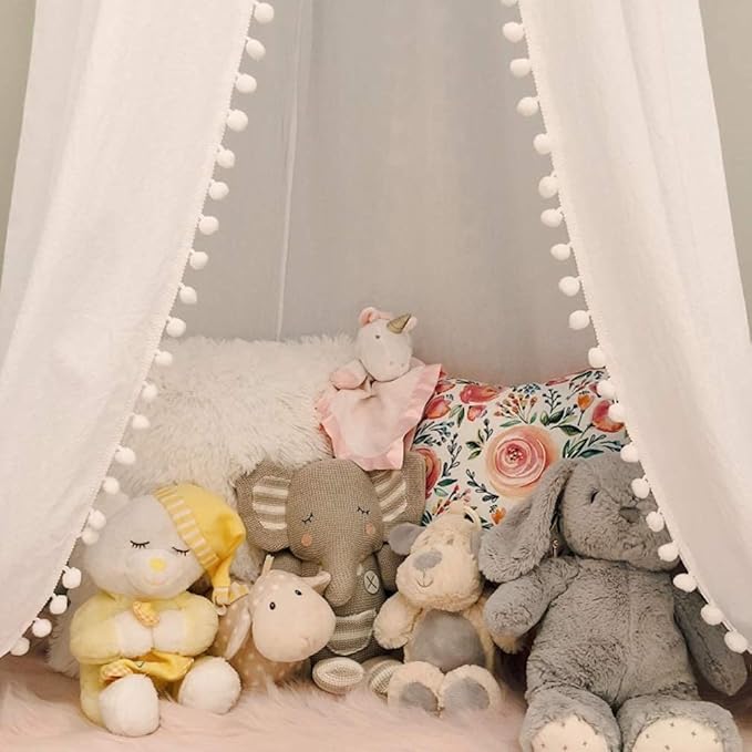 Bed Canopy with Pom Pom Cotton Canopy for Kids Crib Baby Girl Netting Cover Canopy Crib Curtain Reading Nook Hanging Tent Nursery Play Game Castle Room Decoration (White)