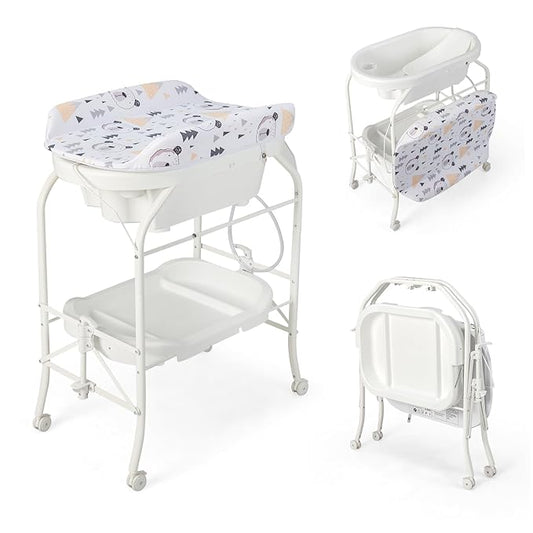HONEY JOY Baby Changing Table with Bathtub, Foldable Infant Diaper Changing Station with Wheels, Storage Tray, Waterproof Pad, Portable Newborn Nursery Organizer Bath Stand for Boys Girls (White)