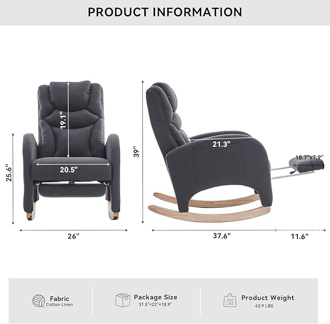 Rocking Chair Nursery, Modern Glider Chair with Adjustable Footrest and Solid Wood Legs, High Backrest Nursery Chair with Side Pocket, Rocker Armchair for Living Room Bedroom, Cotton Linen Dark Gray
