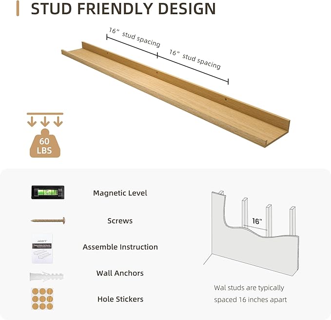 Picture Ledge Shelf, Wood Long Floating Shelves for Wall, Set of 2, 48 inch Picture Ledge Shelves, Photo Ledge Nursery Book Shelves Wall Mounted for Living Room Kids' Room Bedroom, Color Oak