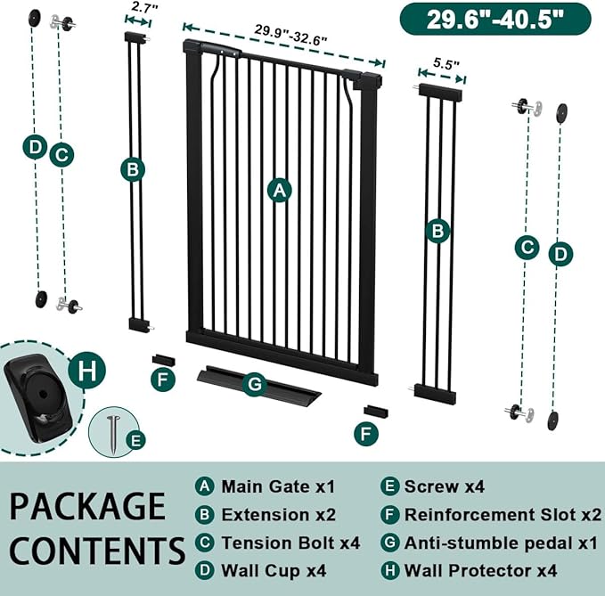 Fairy Baby 40.5" Extra Tall Baby Gate No Drill, 29.6"-40.5" Extra Wide Wide Dog Pet Gate Indoor, Metal Pressure Mounted Safety Child Kid Gate, Auto Close Pet Cat Proof Gate for Stairs Doorway, Black