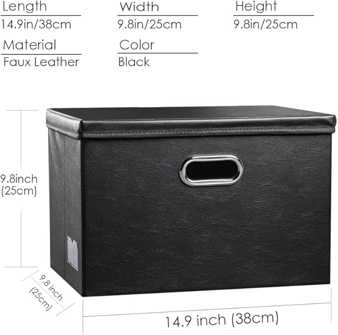 PRANDOM Foldable Storage Bins with Lids [5-Pack] Leather Fabric Collapsible Storage Boxes Organizer Containers Baskets Cube with Cover for Bedroom Closet Office Nursery Black (14.9x10.8x10)