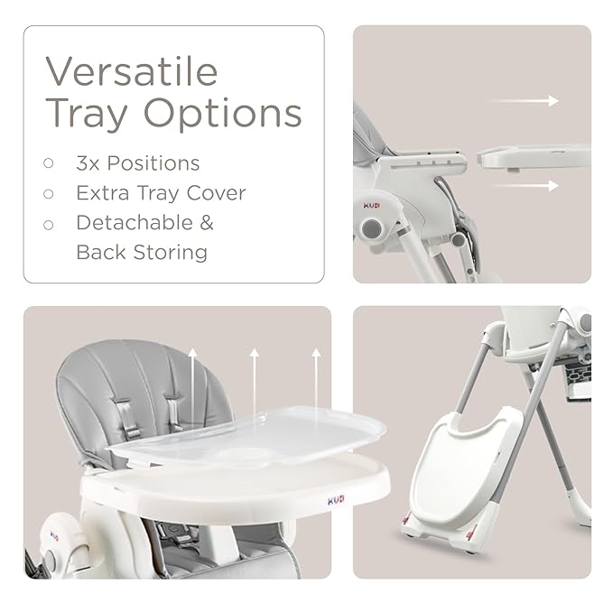 KÜB 3-in-1 Foldable Baby High Chair | Multifunctional Infant High Chairs for Babies and Toddlers | Removable Seat & Tray Easy Clean | 7 Height & 4 Recline Adjustable | 2 Locking Wheels (Grey)