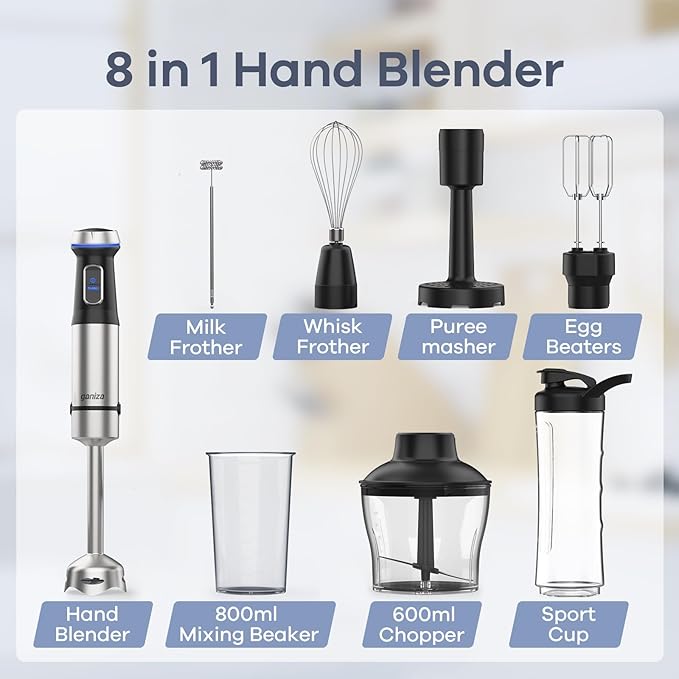 Ganiza 8 in 1 Immersion Blender - 1000W Heavy Duty Motor, 16 Speed Mode Handheld Blender With Stainless Steel Shaft - Includes 8 Total Pieces