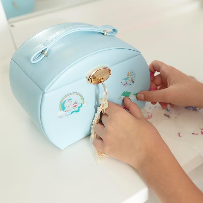 Vlando Musical Jewelry Box with Spinning Ballerina, Lockable Girls’ Jewelry Organizer for Necklaces Rings and Hair Accessories, Gift for Girls and Kids, Blue