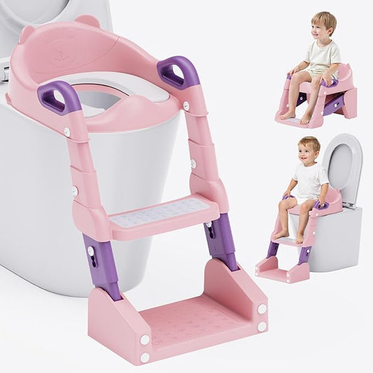 Potty Training Seat, 3-in-1 Toddler Toilet Seat with Step Stool Ladder, Splash Guard Anti-Slip Pad, Foldable Potty Chair with Soft Cushion for Toddler Kids Boys Girls