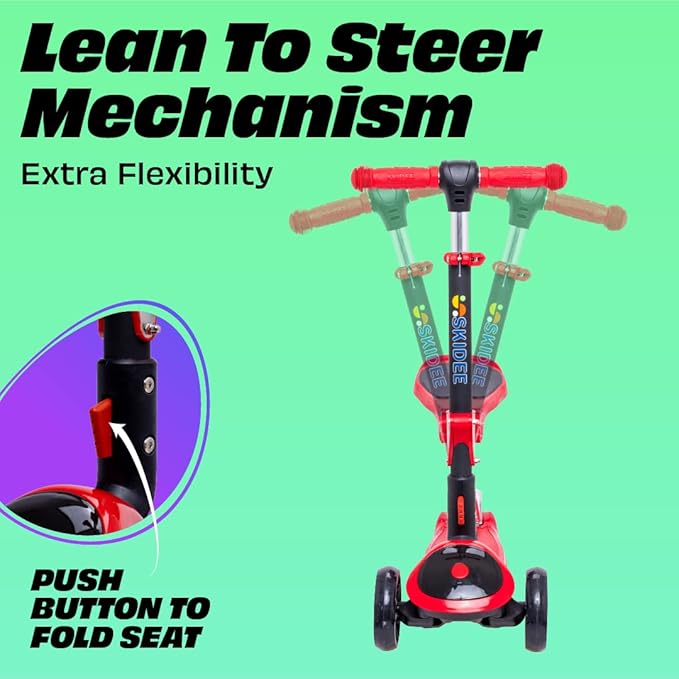 SKIDEE Kick Scooters for Kids Ages 3-5, Adjustable Height Foldable Scooter with Removable Seat, 3 LED Light Wheels, Rear Brake, Wide Standing Board, Suitable Up to 12 Year Old Boys/Girls