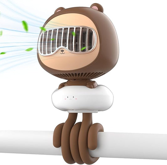 Cute Bear Stroller Fan Clip On for Baby, Portable Bladeless Fans 4 Speeds Oscillating, 4000mAh Rechargeable Battery Powered, Flexible Tripod Strong Cooling for Bedside Crib Car Seat