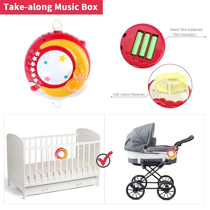 Mini Tudou Baby Musical Mobile Crib Toys with Projector and Light, Timing Function, Remote Control Baby Cot Mobile with Take Along Music Box and Rattles, Present for Newborn Babies Boys Girls