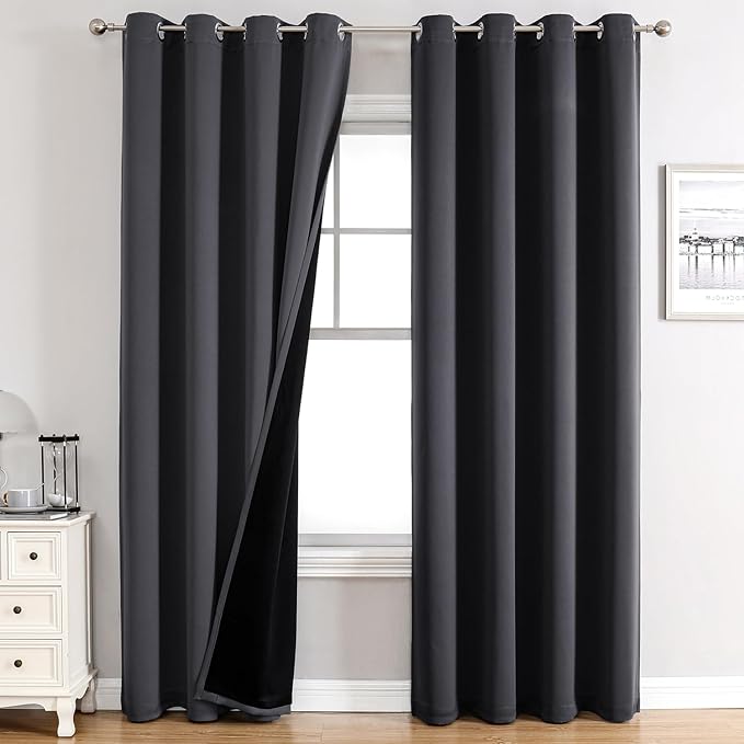 ChrisDowa 100% Blackout Curtains 102 inch Long for Bedroom with Black Liner, 2 Thick Layers Total Blackout Thermal Insulated Grommet Window Curtains 2 Panels Set (Dark Grey, 52 x 102 Inch)
