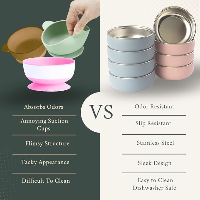 Monkey Proof™ Non-Toxic Stainless Steel Child Bowl 5” with Non-Slip Silicone Shell, (Set of 4 bowls) Unbreakable, Mess Free Feeding for Babies, Toddlers, Kids, BPA free (Sage Green)