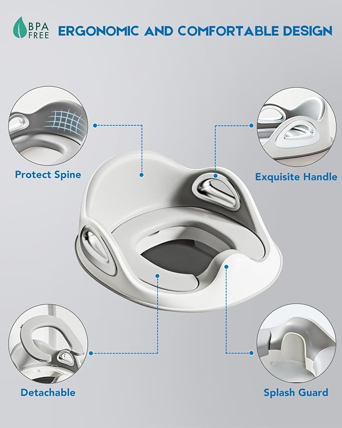 Potty Training Toilet Seat, Toddler Toilet Seat Attachment with Safety Handles, Detachable Soft Cushion, Anti-Slip Design and Splash Guard, Baby Toilet Seats for Kids, Boys and Girls (Grey)