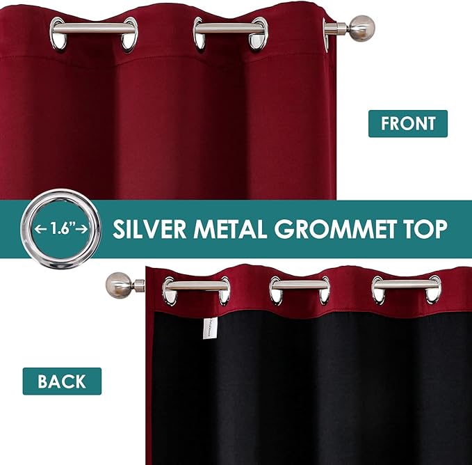 ChrisDowa 100% Blackout Curtains 80 inch Long for Bedroom with Black Liner, 2 Thick Layers Total Blackout Thermal Insulated Grommet Window Curtains 2 Panels Set (Burgundy, 52 x 80 Inch)