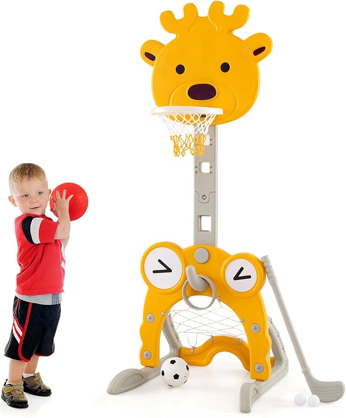 Costzon Toddler Basketball Hoop, 4-in-1 Kids Sports Activity Center with Rim, Soccer Goal, Golf, Ring Toss, Height Adjustable Kids Basketball Hoop with Fillable Base for Indoor Outdoor (Yellow Deer)