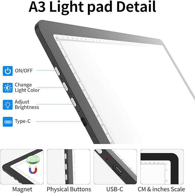 TOHETO A3 Light Board for Diamond Painting, Super Bright Magnetic Light Pad with Side Buttons, Lightbox for Tracing and Drawing, Corded Light Table for Sketching, Animation, Weeding Vinyl (Black)