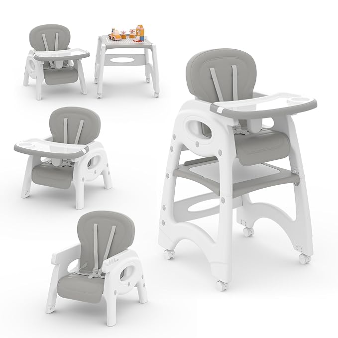 Xilingol 8 in 1 Convertible Baby High Chair W/Wheels, Baby Feeding Chair W/Adjustable Backrest & Removable Dual Tray, Building Block Table & Chair Set, HighChair for Babies & Toddlers (Grey)