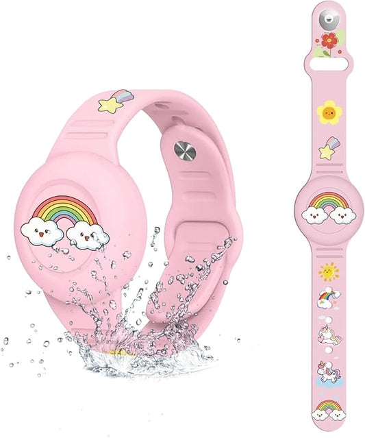 for Airtag Wristband Kids Waterproof,Silicon Cute Rainbow Cartoon Hidden Airtag Bracelet Kids,Anti-Lost Apple Airtag Holder Case for Child,Watch Band Tracker Airtag Case for Toddler-Pink