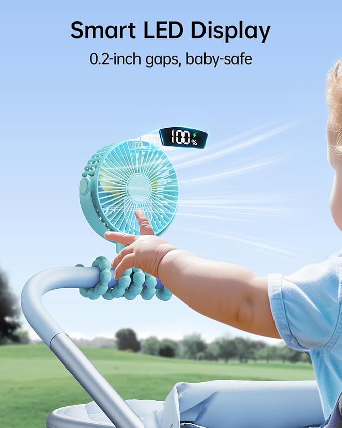 SWEETFULL Portable Stroller Fan with Display 4000mAh Battery Powered Mini Clip On Fan, 4-Speed Rechargeable Small Personal Cooling for Baby Car Seat Crib Travel - Cyan