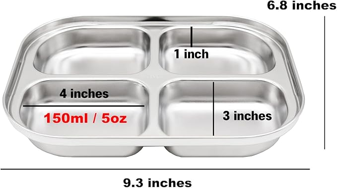 Korean Stainless Steel Divided Plates by KS&E, Little Kids Toddlers Babies Tray, BPA Free, Diet Food Control, Compact Serving Platter, Dinner Snack, 4 Compartment Plate Silver, Set of 2