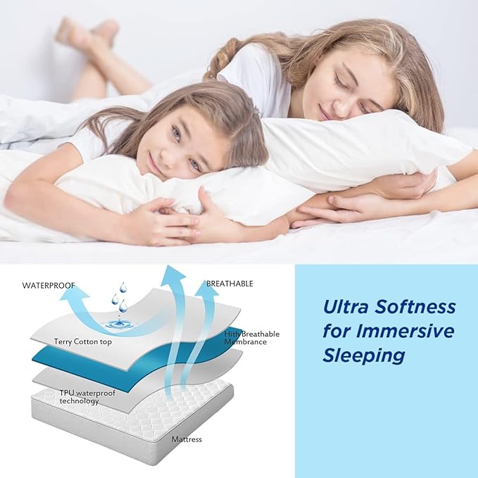 Waterproof Mattress Pad Protector Terry Cotton Hypoallergenic Breathable Mattress Pad Cover, Deep Pocket