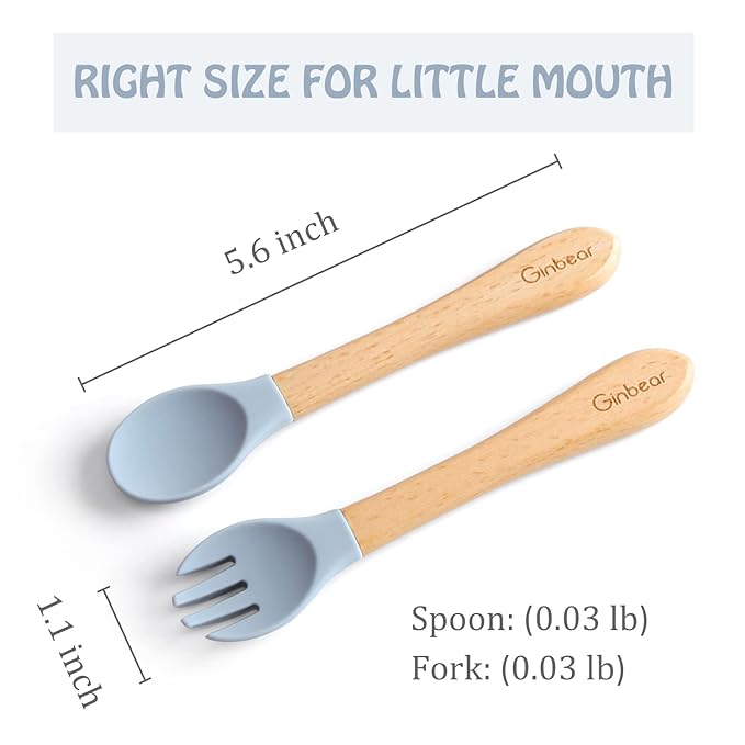 Ginbear Silicone Baby Spoons and Forks Self-feeding 12-18 Months, Soft Tip Baby Flatware Sets for Boy, Toddler Feeding Utensils for Child, 4 Piece Set (Gray/Blue)