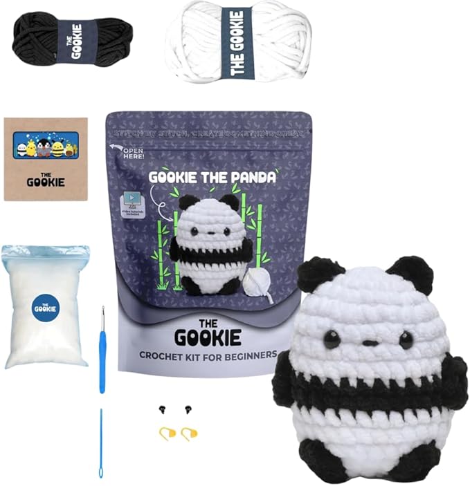 THE GOOKIE Amigurumi Crochet Kit for Beginners – DIY Crochet Kit with Yarn, Hook, Eyes & Stuffing – Easy Starter Set with Video Tutorials – Cute Plush Toy Craft Gift for Kids, Teens & Adults (Panda)