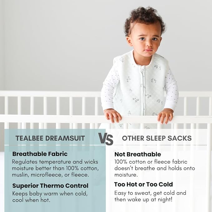 Tealbee Dreamsuit: Toddler Sleep Sack with Feet 3T 4T - 0.8 TOG Lightweight Baby Wearable Blanket for Walkers - Rayon made from Bamboo, Organic Cotton Sleeping Bag - Croissant