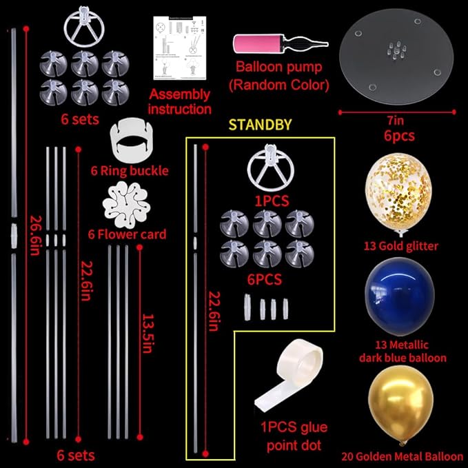 TONIFUL 6 Set Navy Blue Gold Balloon Centerpieces for Table,Balloon Arch Kit for Graduation Decorations 2025 Class of 2025 Party Decorations,New Year,Anniversary,Birthday Decoration