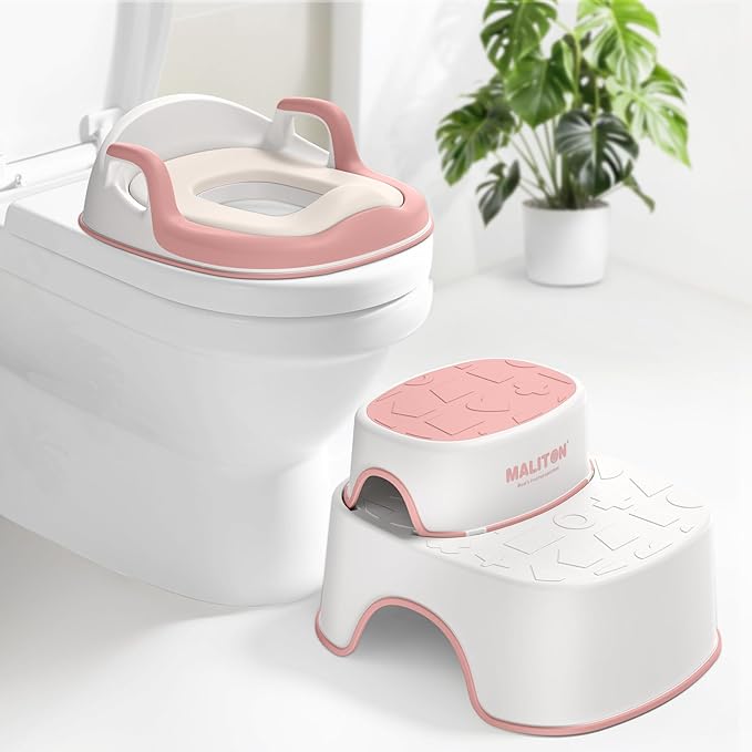 Potty Training Seat with Step Stools, Maliton Potty Training Toilet for Toddlers Girls with Splash Guard, Anti-Slip Toddler Stool for Bathroom, One Potty Seat and 2 in 1 Step Stool for Kids (Pink)