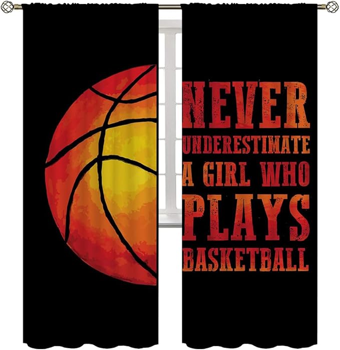 Red Basketball Blackout Curtains for Boy Girl Room Darkening Decor,Sport Theme and Motto Dark Background Bedroom Living Room Home Rod Pocket Thermal Insulated Window Curtain/Drapes Panel,84x84 Inch…