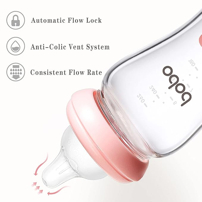 YOHKOH Natural Glass Baby Bottle with Natural Response Nipple, Newborn Anti-Colic Baby Bottles, Wide Neck Mushroom Cap Baby Bottle, Clear (3.4oz (Pack of 4), Blue)