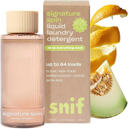 Snif Signature Spin Laundry Detergent, Classic, Clean and Crisp Scent, 64 Loads, Non-Irritating to Skin, Clean, Non-Toxic, Vegan, Cruelty Free, 32oz