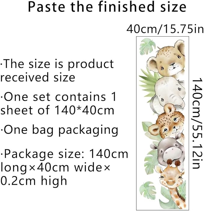 55.1 x 15.7 Inch Watercolor Jungle Animal Wall Decals - Forest Animal Sticker With Elephant, Tiger, Giraffe for Baby Nursery, Playroom, Bedroom, Classroom, Kindergarten Decor