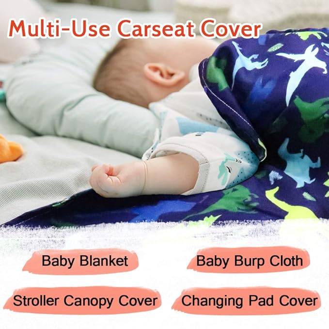 TANOFAR Car Seat Cover Baby, Carseat Covers Baby Boy Girl, Peekaboo Opening Infant Car Seat Cover for Winter, Warm & Cozy, Blue Dinosaur