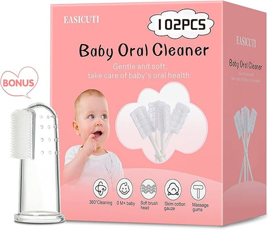 102PCS Baby Tongue Cleaner,Baby Oral Cleaner Newborn Baby Toothbrush,Disposable Infant Toothbrush Clean Baby Mouth,Gauze Gum Cleaner Stick Dental Care for 0-36 Month Baby+1 Finger Toothbrush with Case