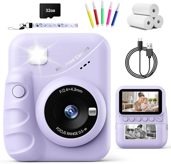 Kids Camera Instant Print for Girls Ages 3-14, 3-inch HD Screen Camera for Kids with Printing Paper, 1080P Digital Toddler Toys for 4 5 6 7 8 9 10 11 12 Years Old (Purple)
