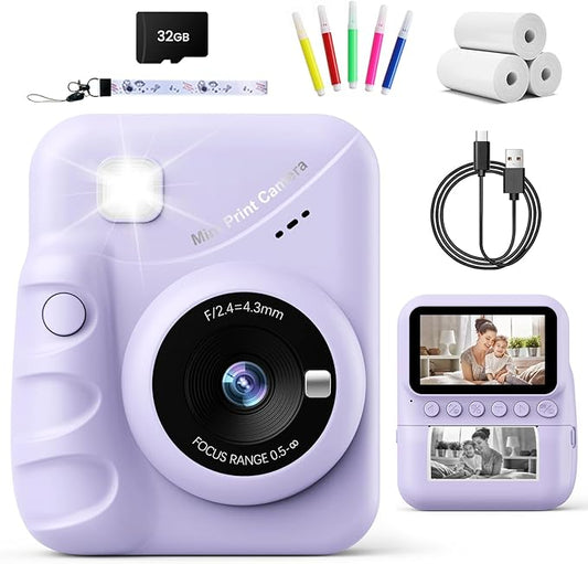 Kids Camera Instant Print for Girls Ages 3-14, 3-inch HD Screen Camera for Kids with Printing Paper, 1080P Digital Toddler Toys for 4 5 6 7 8 9 10 11 12 Years Old (Purple)