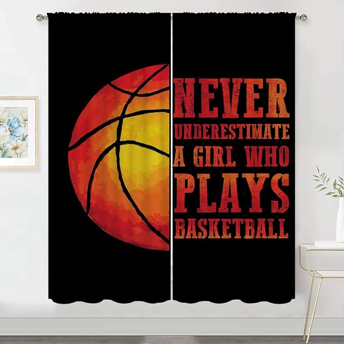 Red Basketball Blackout Curtains for Boy Girl Room Darkening Decor,Sport Theme and Motto Dark Background Bedroom Living Room Home Rod Pocket Thermal Insulated Window Curtain/Drapes Panel,55x63 Inch…