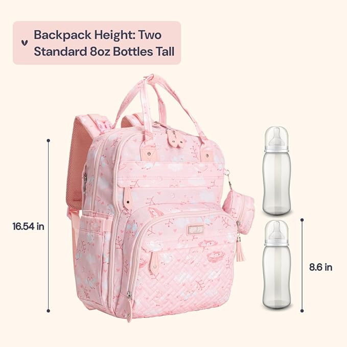 BabbleRoo Diaper Bag Backpack - Baby Essentials, Travel Essentials Baby Bag with Changing Pad, Stroller Straps & Pacifier Case - Unisex, Pink Birdy