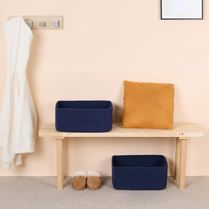 Large Storage Baskets for Organizing, Closet Shelf Baskets for Clothes Blanket Towels, Baby Nursery, Toy Bins Box, Woven Rope Baskets, 17 x 13 x 7.5”, 4 Packs Navy Blue