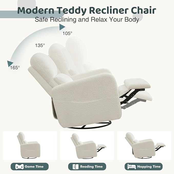 Swivel Rocker Recliner, Oversized Boucle Glider Recliner Nursery, Manual Swivel Rocking Reclining Chairs with Removable Cushion and Lumbar Support for Nursery Living Room Bedroom, Teddy White