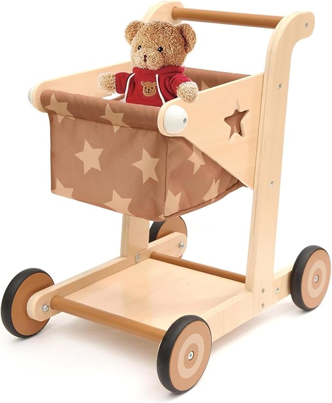 Asweets 2 in 1 Wooden Baby Walker Push and Pull Doll Stroller, Shopping Cart Learning Walker for Boys and Girls, Sit Stand Learning Toddler Toy (Brown)