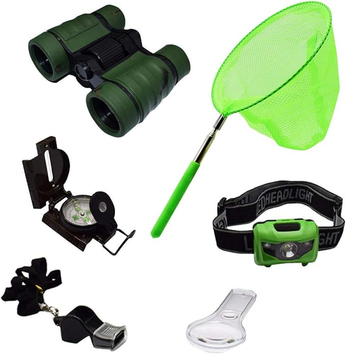 Kids Outdoor Adventure Set :Educational Children’s Toys Binoculars, LED Headlamp Flashlight, Compass, Magnifying Glass Whistle Butterfly Net & Backpack(Camo Color) for Boys